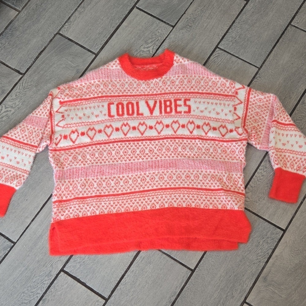 Aerie Cool Vibes Heart Fair Isle Fuzzy Knit Sweater Red White Womens XL
